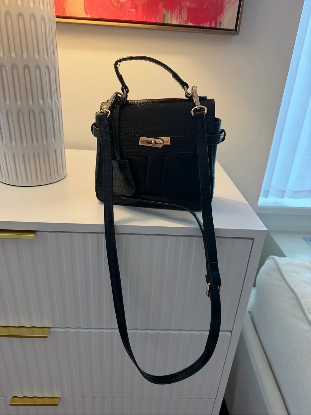 Lisi Lerch Black Faux-Croc Satchel with Top Handle and Crossbody Strap